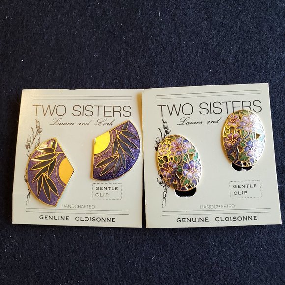 Two Sisters Lauren & Leah Jewelry - Cloisonné Clip Earrings Vintage